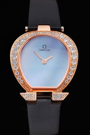 Fake Lady Omega Specialities Rose Gold Horseshoe-shaped Diamonds Case Blue Dial Two Rose Gold Hands Black Patent Leather Strap Watch 5885.72.51