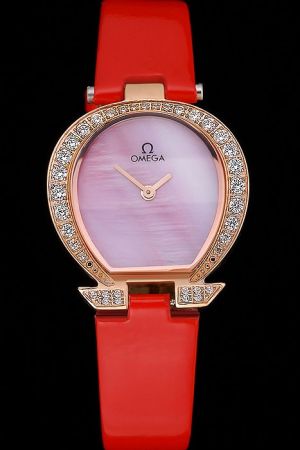 Lady Omega Specialities Rose Gold Horseshoe-shaped Diamonds Case Purple Dial Rose Gold Hands Red Patent Leather Strap Watch 5885.73.53