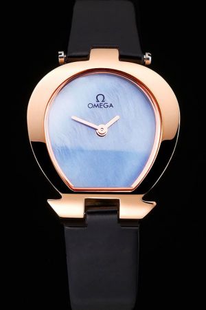 Lady Omega Specialities Rose Gold Horseshoe-shaped Case Blue Dial Two Smallish Pointers Black Patent Leather Strap Quartz Watch