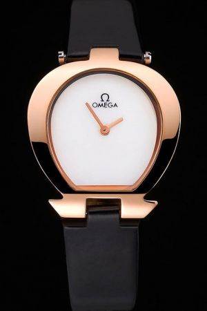 Omega Specialities Rose Gold Horseshoe-shaped Case White Dial Smallish Rose Gold Hands Black Patent Leather Strap Quartz Lady Watch