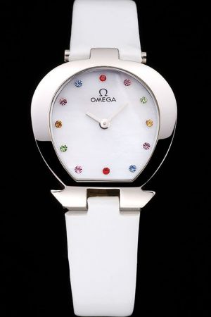 Lady Omega Specialities Horseshoe-shaped Case White Dial Coloured Diamonds Marker Smallish Pointer White Strap Watch