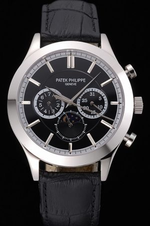 Rep PP Calatrava Moonphase Black Face Stick Marker Two Two-tone Sub-dials Chronograph Watch