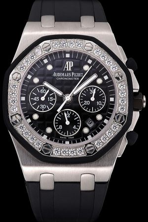 AP Royal Oak Offshore Chronometer Diamonds Octagonal Bezel Tapisserie Dial Luminous Dots Scale Rubber Strap Watch