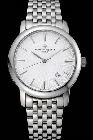 Rep VC Patrimony Rotund Case White Textured Dial Stick Scale Leaf Hands Stainless Steel Bracelet Watch