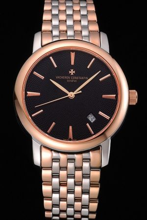 Men VC Patrimony Rose gold Case Black Textured Dial Stick Scale Leaf-shaped Pointer Two-tone Bracelet Rep Watch