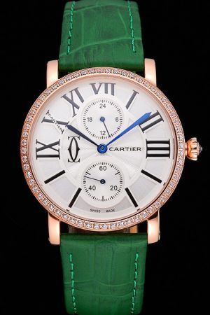 Cartier Wedding Ronde WR007017 Couples Ronde Full Diamonds Watch KDT057 Green Leather Strap