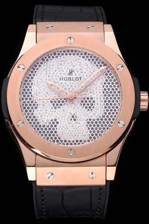 Hublot Fashion Luxury Classic Fusion Skull Full Pave Diamonds Dial Gold Case Black Leather Strap Watch HU018