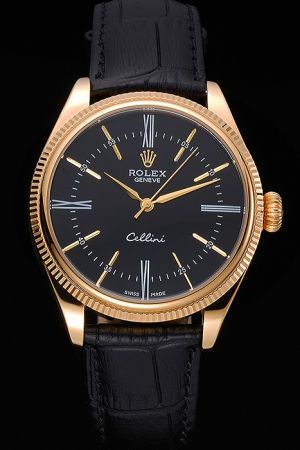 Duplicated Rolex Cellini Gold Fluted Bezel Black Face Two-tone Marker Alpha Index Black Strap No Date Men’s Dress Watch