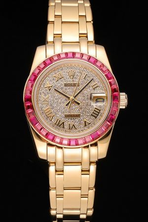 Luxurious Rolex Datejust Yellow Gold Case/Bracelet Ruby Bezel Paved Diamonds Dial Gold Roman Scale/Stick Hand Watch Ref.81348SARO
