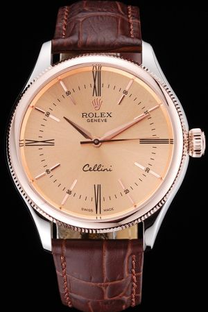 Rolex Cellini Fluted Bezel Rose Gold Dial Stick/Roman Marker Alpha Pointers Brown Leather Strap Gentlemen Watch Ref.50705RBR