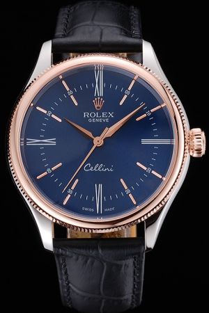 Faux Rolex Cellini Rose Gold Fluted Bezel Dark Blue Face Two-tone Scale Alpha Index Black Leather Strap Auto Movement No Date Watch