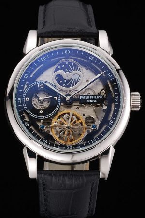 Rep PP Grand Complication Tourbillon Moonphase Black Skeleton Dial Dual Time Watch