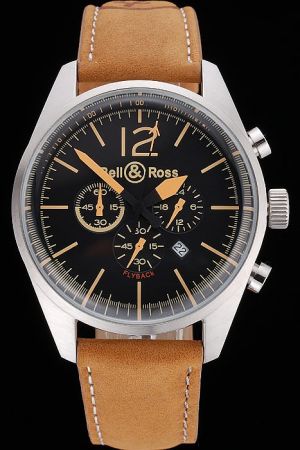 Bell & Ross BRV126-FLY-GMT/SCA BR 126 Flyback Black Dial Round SS Case Brown Strap Watch BR038