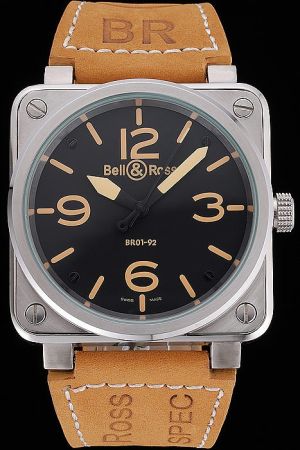 Bell Ross BR 01-92 Black Dial Square Silver Case Brown Leather Strap Watch Replacement Father's Day Gift BR016