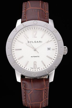 Bvlgari Luxury  With White Dial Solid Stainless Steel Bezel Brown Leather Strap Watch BV094