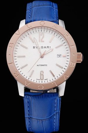 Bvlgari Fashion Popular White Dial Gold Bezel Stainless Steel Case Royal Blue Leather Strap Watch BV091