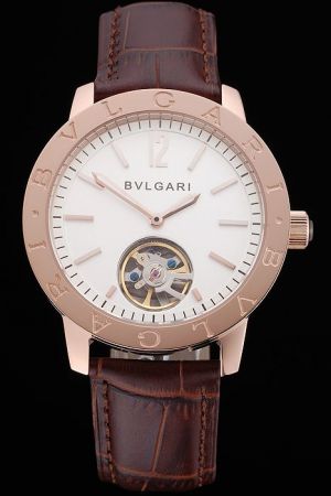 Bvlgari Coolest Tourbillon White Dial 18k Rose Gold Case Brown Leather Strap Cheap Price Watch BV111
