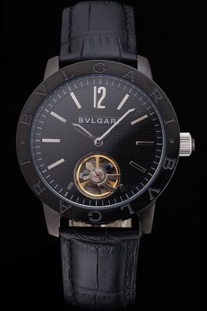 Bvlgari Limited Edition Black Tourbillon Dial Black Bezel Black Leather Strap Mens Low Price Watch BV113