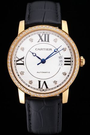 Cartier Ronde Diamonds Jewelry  Black Leather Strap Watch Fake SKDT047 Swiss Movement