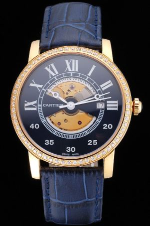  Cartier Swiss  Rotonde Complication Business Watch SKD105 Blue Strap Diamonds Bezel