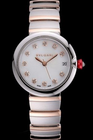 Bvlgari Lvcea 33mm White Dial Diamond Hour Markers Stainless Steel Case Two Tone Bracelet Watch BV043