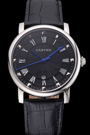 Men's Cartier Rotonde Blue Hands White Gold  SS Business Watch KDT129 Black Leather Strap