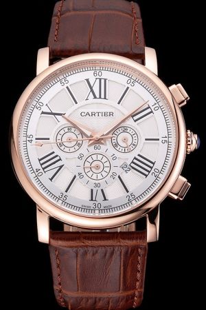Sports Cartier Rotonde White Gold   chronograph Ref  W1556225 Watch KDT159 Brown Leather Strap