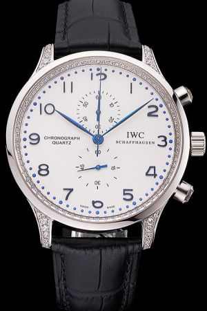 IWC Portugieser Chronograph White Dial Blue Arabic Scale Diamonds Case Rep Watch