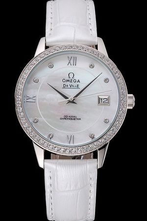 Women Omega De Ville Co-Axial Prestige 39mm Diamonds Bezel Pearl Concentric Dial Diamonds/Roman Scale White Band Watch