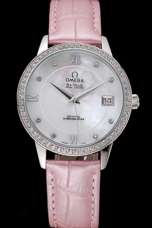 Lady Omega De Ville Co-Axial Prestige Diamonds Bezel Pearl Concentric Dial Diamonds/Roman Marker Pink Strap Replica Watch