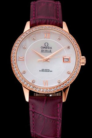 Omega De Ville Co-Axial Prestige Rose Gold Diamonds Bezel Pearl Concentric Dial Diamonds/Roman Marker Purple Band Lady Watch