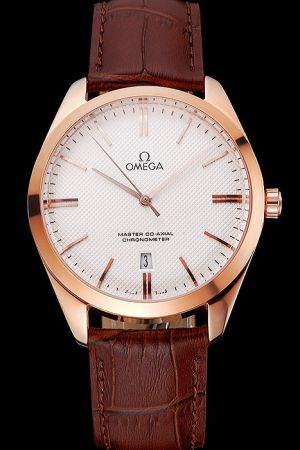 Omega De Ville Trésor Co-axial Master Rose Gold Case/Marker/Pointer White Dial With Clous de Paris Brown Strap Watch