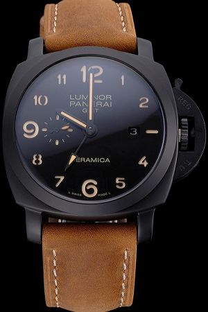 Panerai Luminor 1950 PAM00441 3 Days GMT Automatic Black Ceramica Brown Leather Strap 44MM Watch PN043