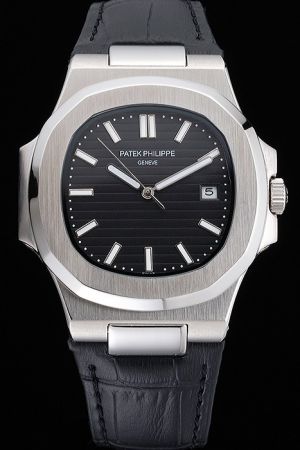 PP Nautilus Black Striated Dial Cushion-shaped Case Baton Marker Stainless Steel Watch