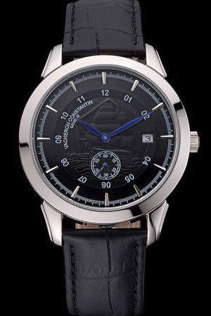 VC Traditionnelle All Stainless Steel 3AM Black Dial With Barque Pattern Silver Case&Marker Blue Leaf-shaped Pointer Watch