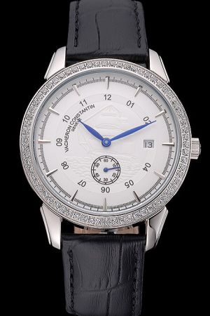 VC Traditionnelle 41mm White Dial With Barque Pattern Diamond Bezel Blue Leaf-shaped Pointers Stick Arabic Geneve Rep Watch