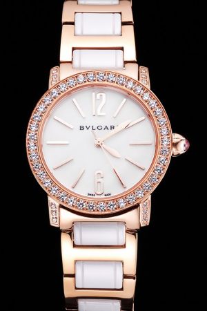 Bvlgari Bvlgari Luxurious White Dial Diamonds Bezel White And Gold Two Tone Bracelet Women Watch BV067