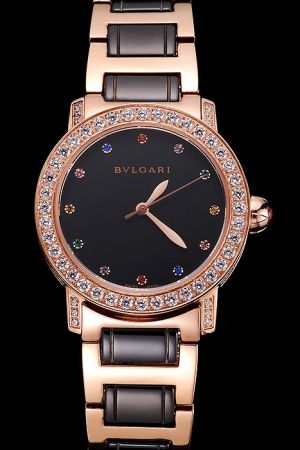 Bvlgari Bvlgari Black Dial Jewel Hourmarks Gold Case Diamond Bezel Two Tone Bracelet Watch BV054