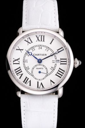 Lady's Cartier Ronde 24 Hours Silver SS Business Watch KDT102 White Leather Strap