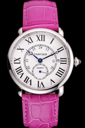 Unisex Cartier Ronde White Gold  Business S/Steel Watch KDT086 Special Fuchsia Leather Strap