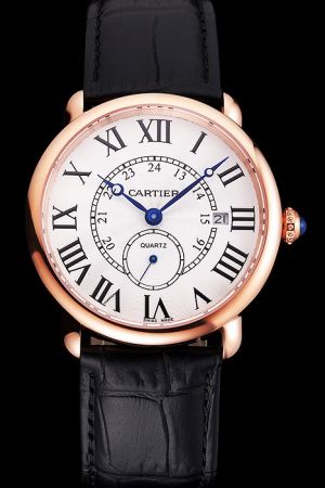 Men's Cartier Ronde 24 Hours Rose Gold  SS Business Watch KDT073 Black Leather Strap