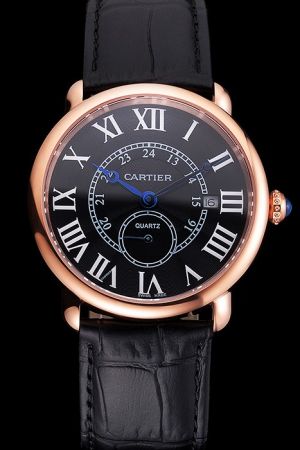 Cartier Ronde Rose Gold W6801005 Watch KDT077 Lrather Strap Blue Hands