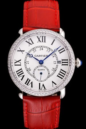 Cartier 24 Hours Ronde Medium Size Quartz Red Strap Watch KDT079 Diamonds Bezel
