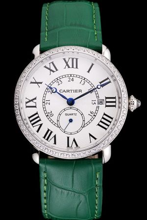 Couples Cartier Diamonds Case White Gold  Ronde Dress Watch KDT080 Green Bracelet