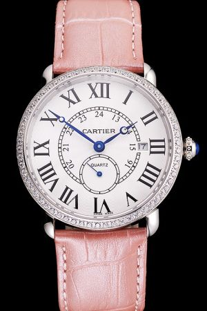 Cartier Blue Hands 24 Hours  Girls Engagement Jewelry Ronde Watch KDT082 Pink Strap