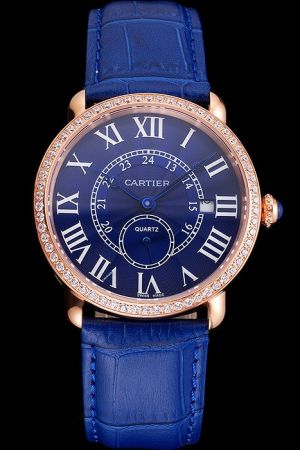 Cartier Ronde Jewelry Gents Full Diamonds 40mm Watch KDT075 Blue Strap
