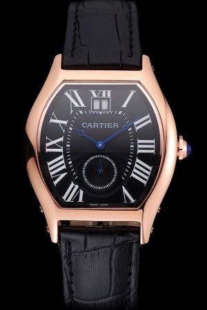 Cartier  Black Strap  Pink Gold Bezel 39 mm Watch KDT163 Gents Tortue