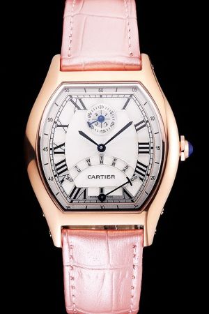 Cartier Tortue Girls DAY Date Rose Gold Watch KDT169 Pink Lrather Strap Blue Hands