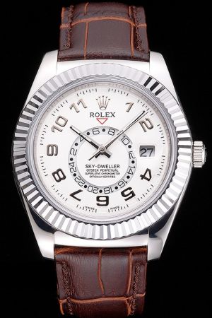 Rolex Sky Dweller Fixed-fluted Bezel Arabic Numerals Stick Hand 24-hour Sub-dial Brown Strap Date Male Watch