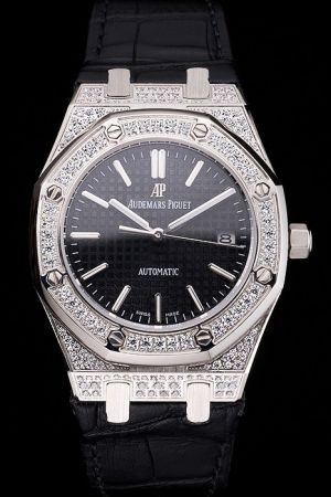 AP Royal Oak Diamonds Case Octagonal Screwed Bezel Black Tapisserie Dial Black Band  Watch